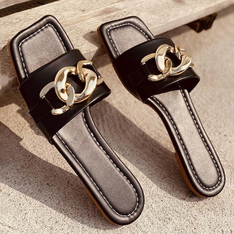 Women Slipper Sandals Gold Chain Closed Toe Slip On Flat Heels Square Head Casual Slides Flip Flop Chunky Heel Mules Open Toe Slip On Dress Backless High Heels Slides Slippers