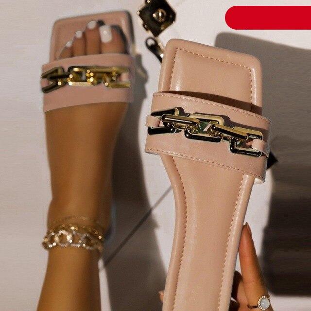 Women Slipper Sandals Gold Chain Closed Toe Slip On Flat Heels Square Head Casual Slides Flip Flop Chunky Heel Mules Open Toe Slip On Dress Backless High Heels Slides Slippers