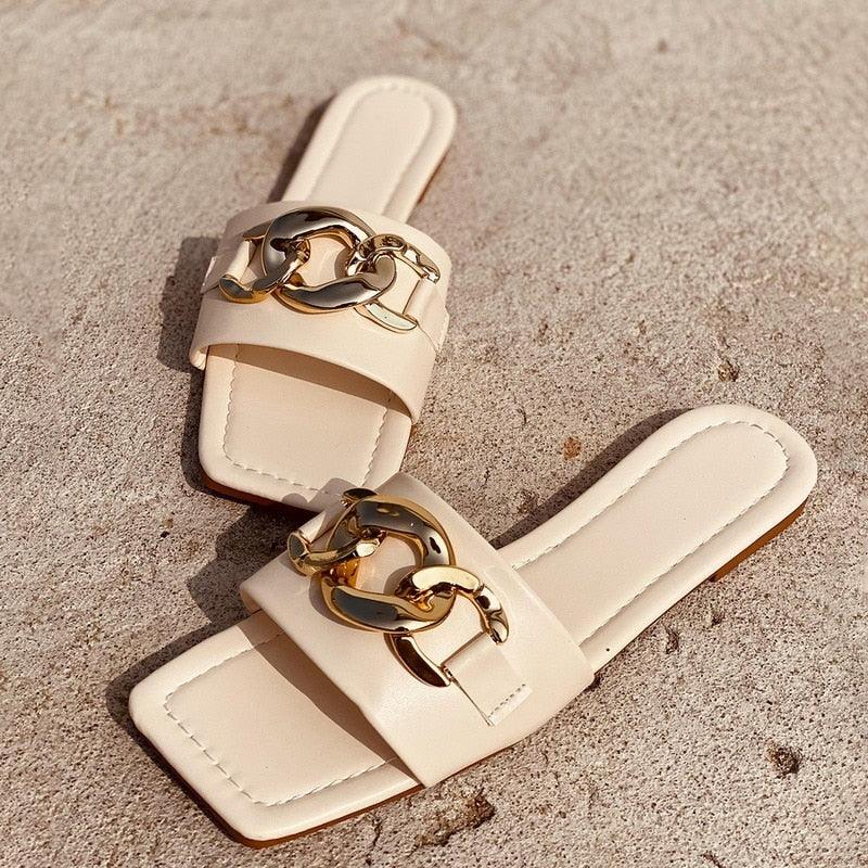 Women Slipper Sandals Gold Chain Closed Toe Slip On Flat Heels Square Head Casual Slides Flip Flop Chunky Heel Mules Open Toe Slip On Dress Backless High Heels Slides Slippers